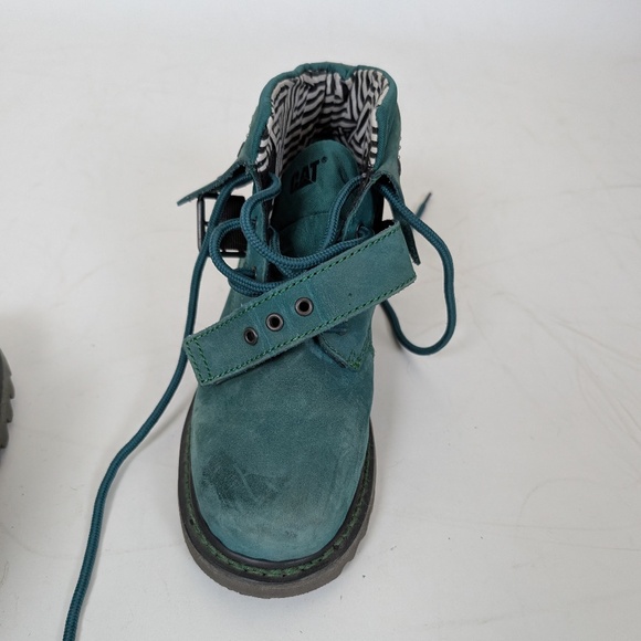 Cat Antique Green Leather Boots Turquoise Work Chunky Combat Studs - Picture 2 of 11